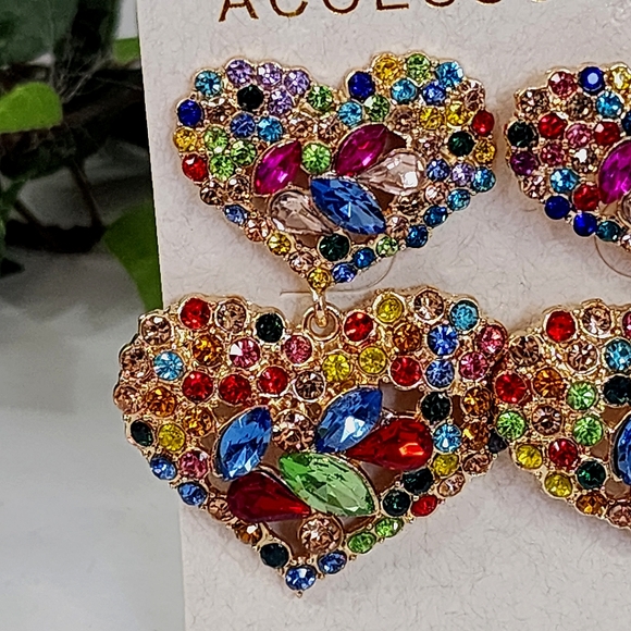 Multi Color Crystal Double Heart Statement Earrings - Picture 3 of 5